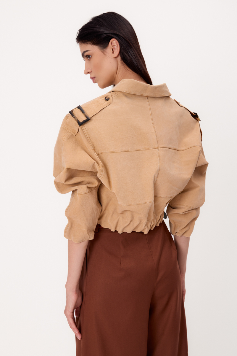 BEIGE PETITE SUEDE LEATHER BOMBER JACKET