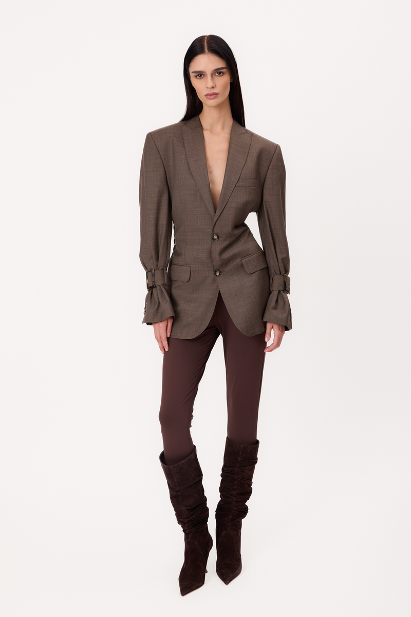 LONG BEIGE SLIM-TAILED PETITE JACKET WITH ADJUSTABLE WAIST WITH BUCKLES MODEL No6