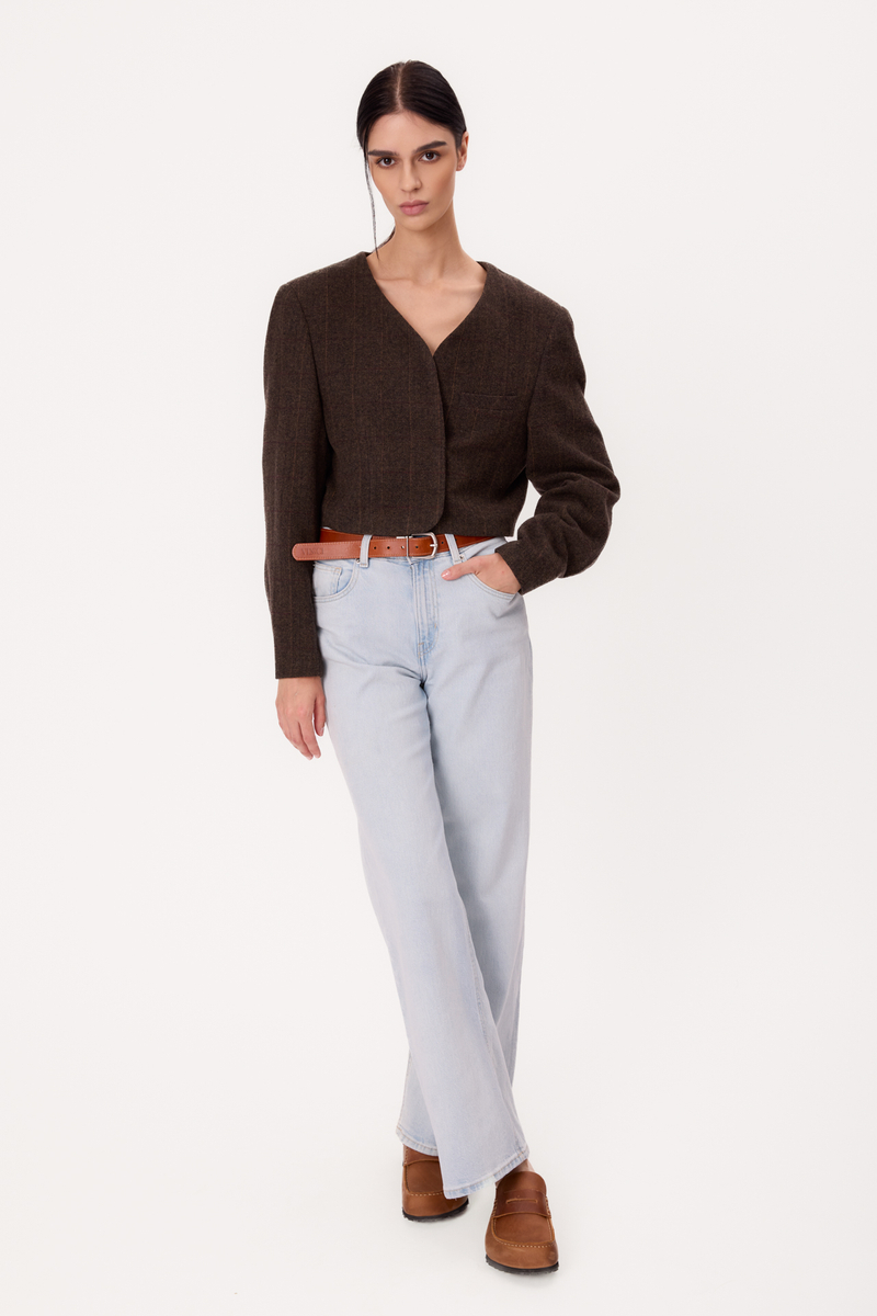 SHORT STRAIGHT CHOCOLATE CHECKED PETITE JACKET