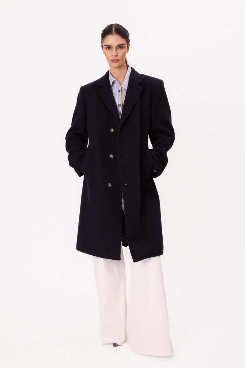 MIDI NAVY BLUE CLASSIC ADJUSTABLE WAIST WOOL COAT