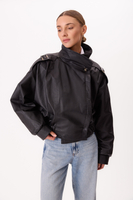 BLACK OVERSIZE LEATHER JACKET WITH HIGH COLLAR