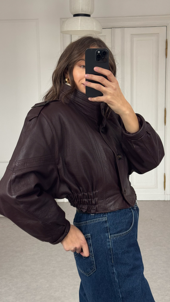 BURGUNDY ADJUSTABLE WAIST LEATHER JACKET