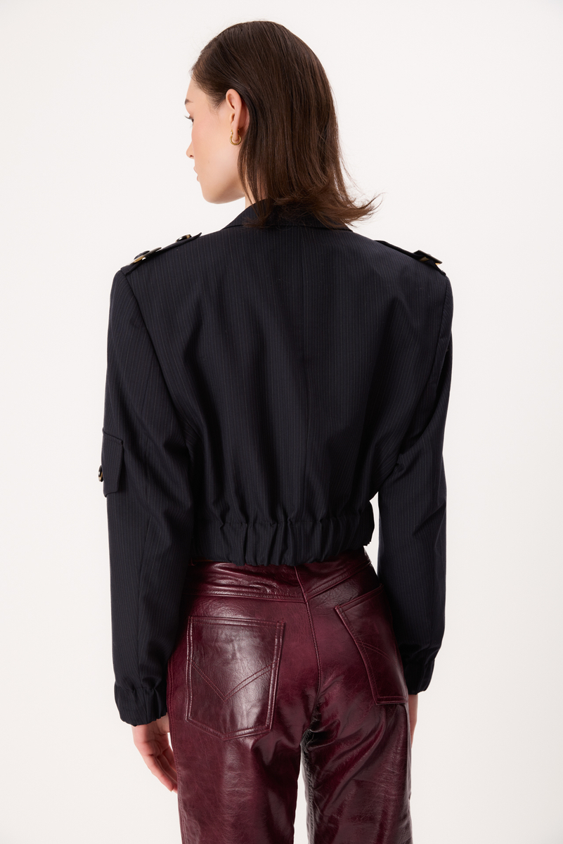 NAVY BLUE BOMBER JACKET WITH A DELICATE STRIP