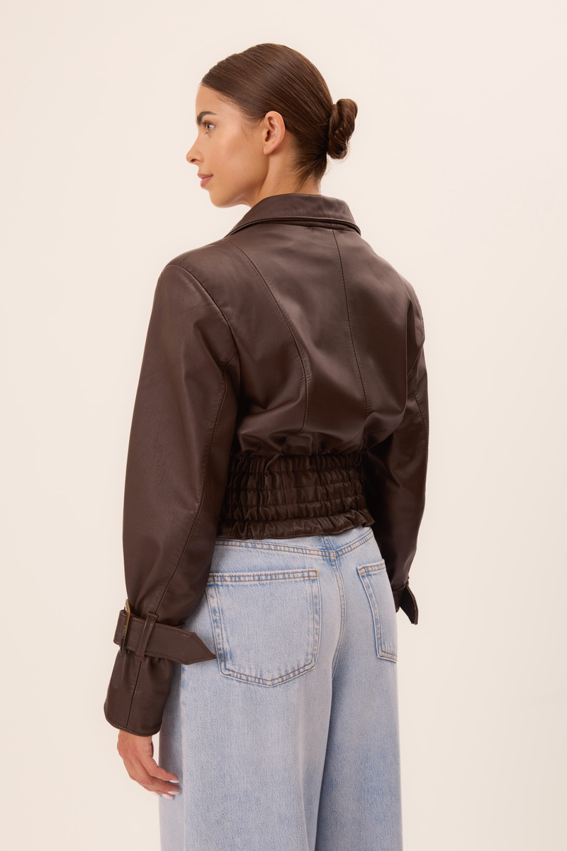 CHOCOLATE LEATHER JACKET WITH DECORATIVE BUCKLES IN CUT No5