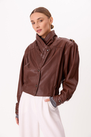 BROWN LEATHER JACKET WITH HIGH ASYMMETRICAL COLLAR