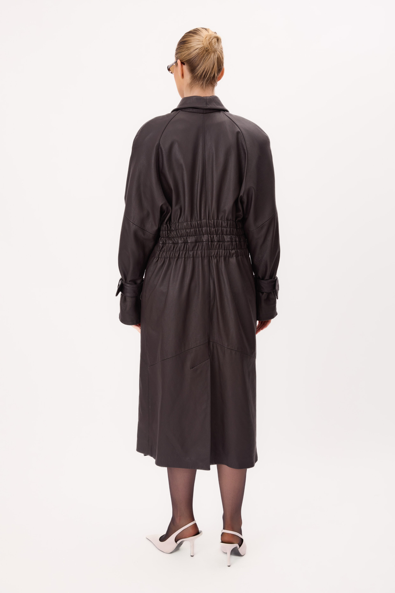LONG CHOCOLATE TAPERED WAIST COAT WITH BUCKLES ON THE SLEEVES