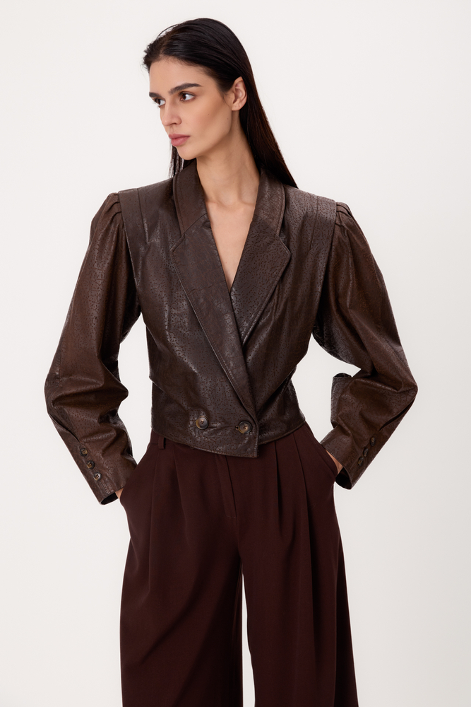SHORT CHOCOLATE LEATHER ADJUSTABLE WAIST PETITE BIKER JACKET