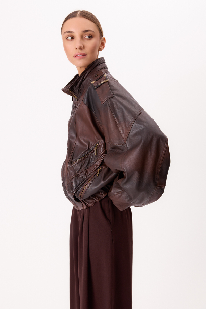 BROWN LEATHER BOMBER JACKET