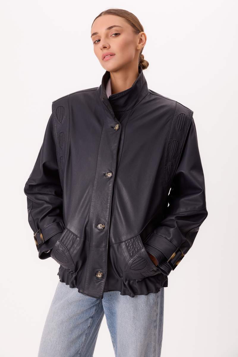 LONG NAVY BLUE LEATHER JACKET WITH POCKETS