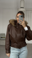  BROWN LEATHER JACKET WITH DETACHABLE FUR COLLAR
