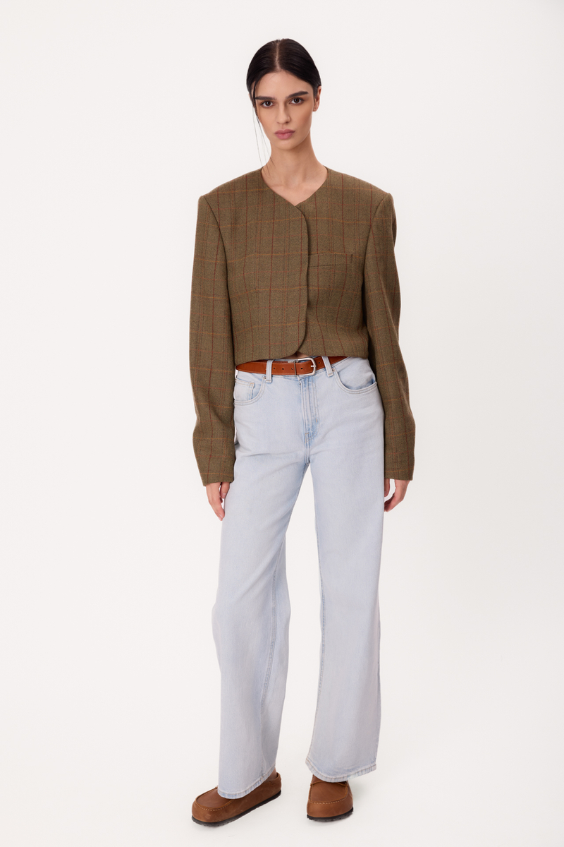 SHORT STRAIGHT GREEN TALL JACKET WITH RED AND ORANGE CHECK MODEL No9