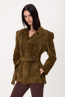 LONG GREEN SUEDE LEATHER JACKET WITH ADJUSTABLE WAIST AND BELT