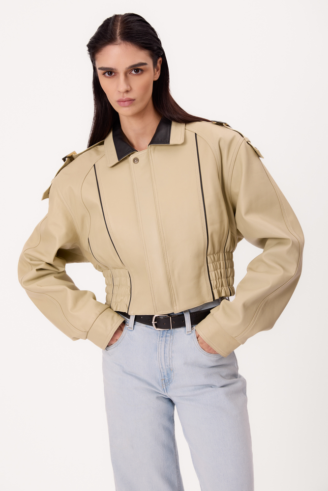 LIGHT BEIGE ADJUSTABLE WAIST TALL LEATHER JACKET WITH BLACK INSERTS
