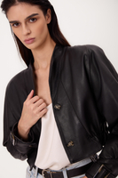 SHORT BLACK LEATHER PETITE BOMBER JACKET WITH BUCKLES