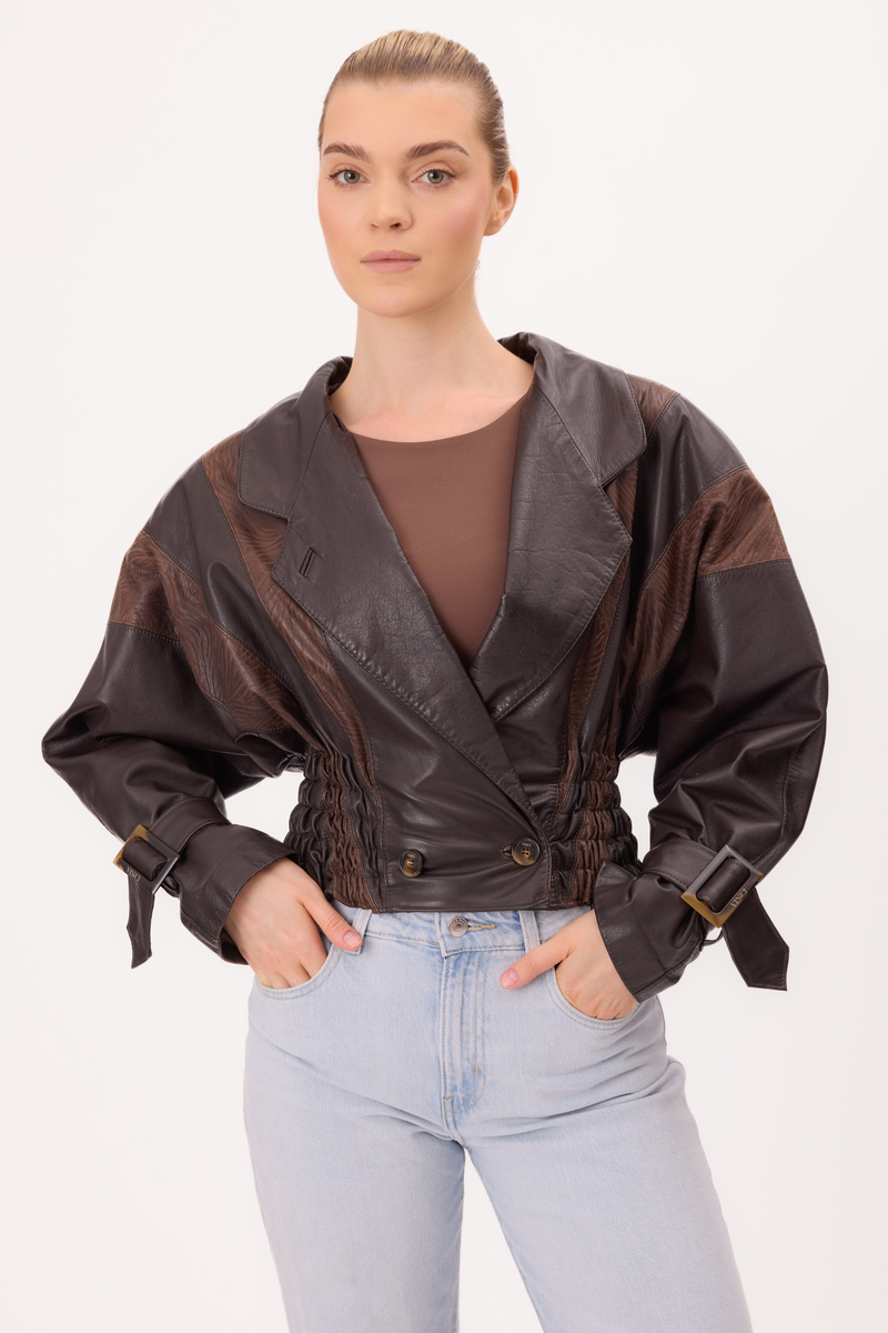 CHOCOLATE LEATHER JACKET WITH BROWN DECORATIVE INSERTS 
