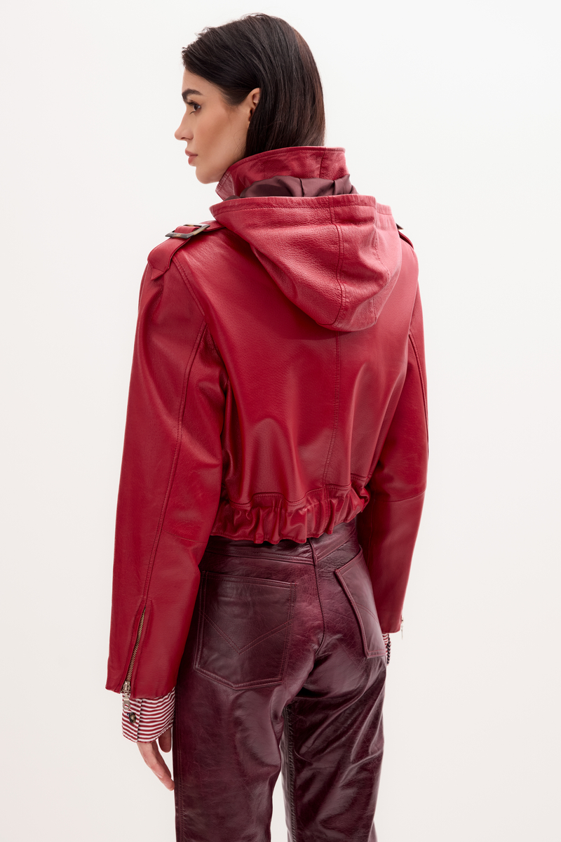 RED LEATHER JACKET WITH HOOD