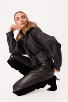BLACK LEATHER JACKET WITH DETACHABLE FUR COLLAR