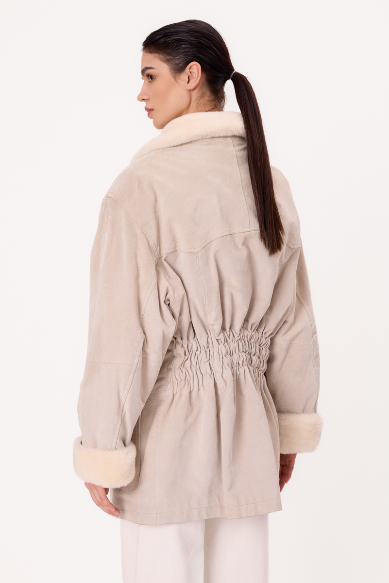 LIGHT CREAM ADJUSTABLE AT THE WAIST LONG NATURAL SHEEPSKIN COAT