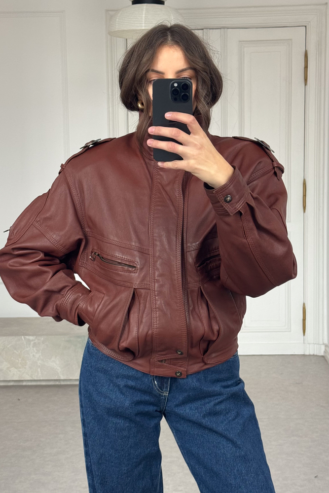BROWN LEATHER JACKET WITH HIGH COLLAR