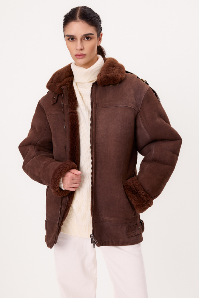 LONG BROWN NATURAL SHEEPSKIN COAT WITH A ZIPPER