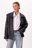 LONG NAVY BLUE LEATHER JACKET WITH POCKETS