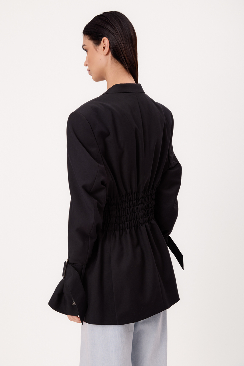 LONG BLACK PETITE JACKET WITH ADJUSTABLE WAIST AND BUCKLES MODEL No6