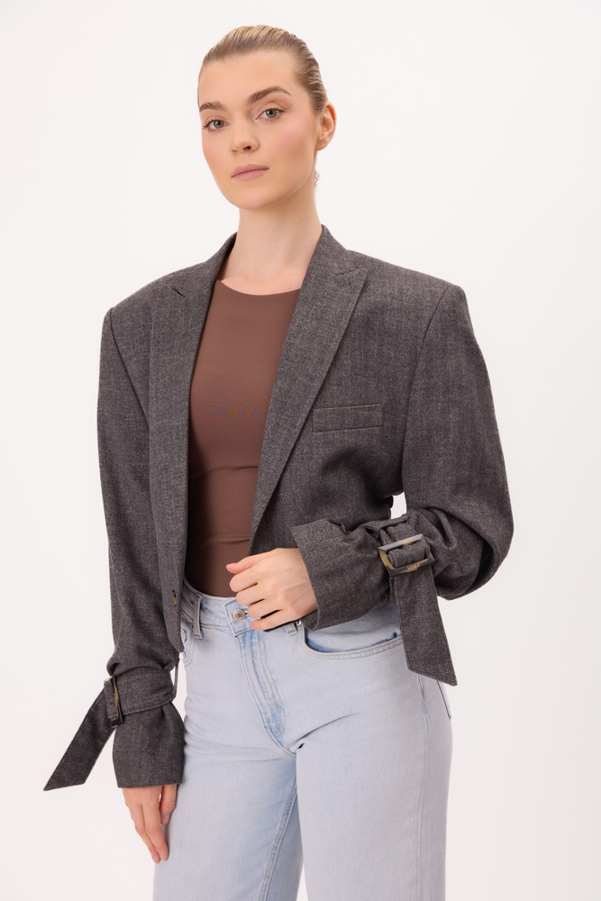 GRAY FITTED JACKET No5 WITH STRONG SHOULDER AND ADJUSTABLE WAIST