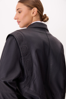 LONG NAVY BLUE LEATHER JACKET WITH POCKETS