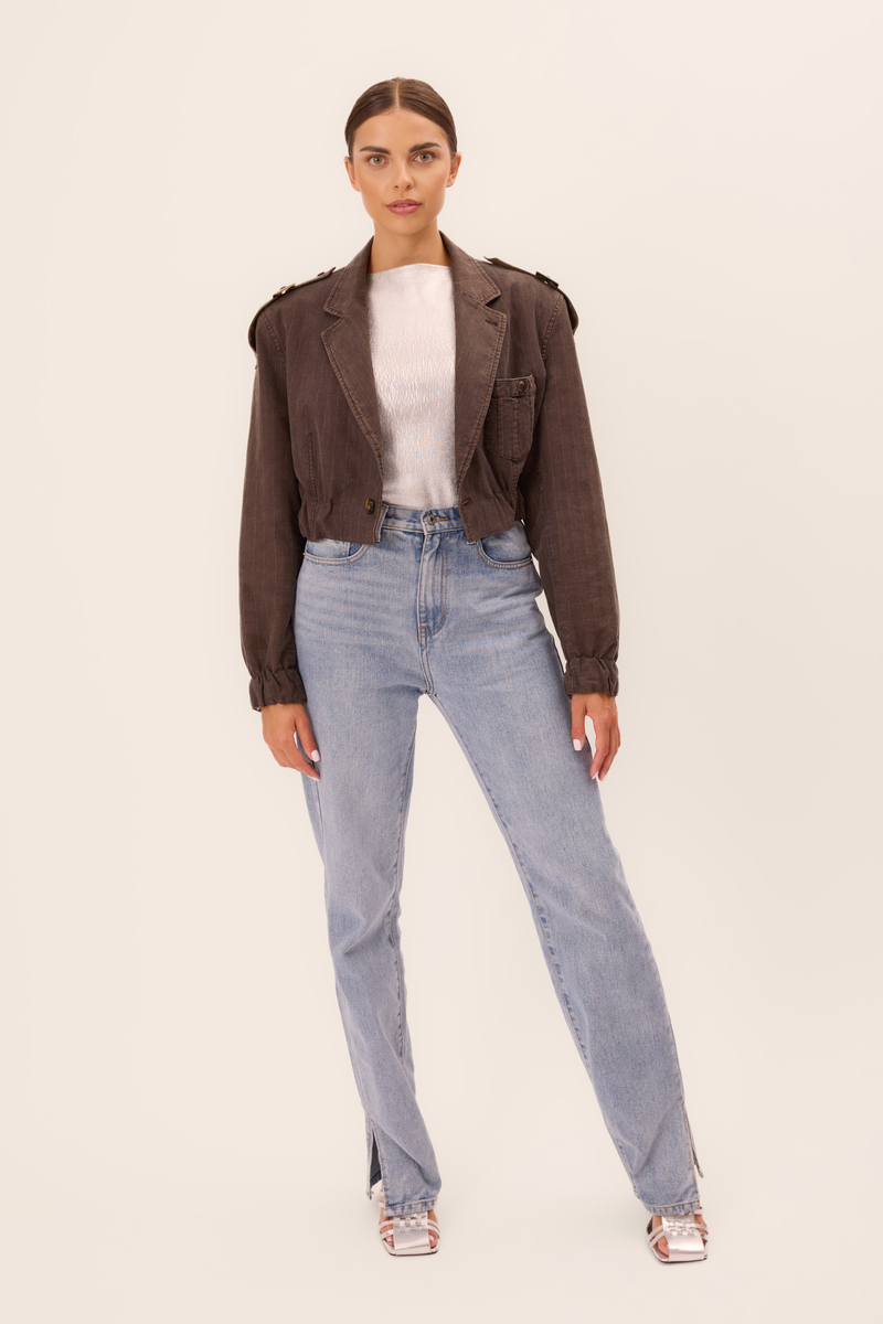 DENIM BOMBER JACKET IN WASHED BROWN DENIM WITH A DELICATE STRIP