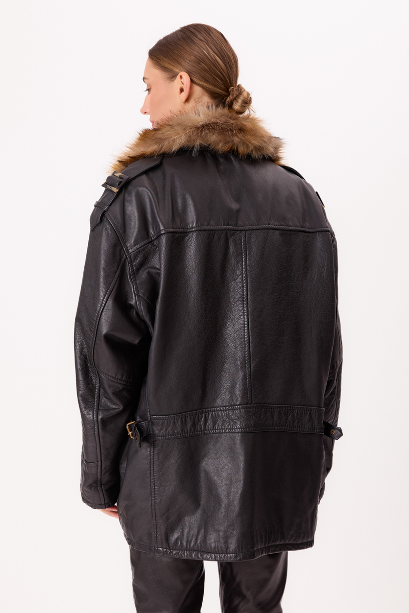 LONG BLACK OVERSIZE LEATHER JACKET WITH DETACHABLE FUR