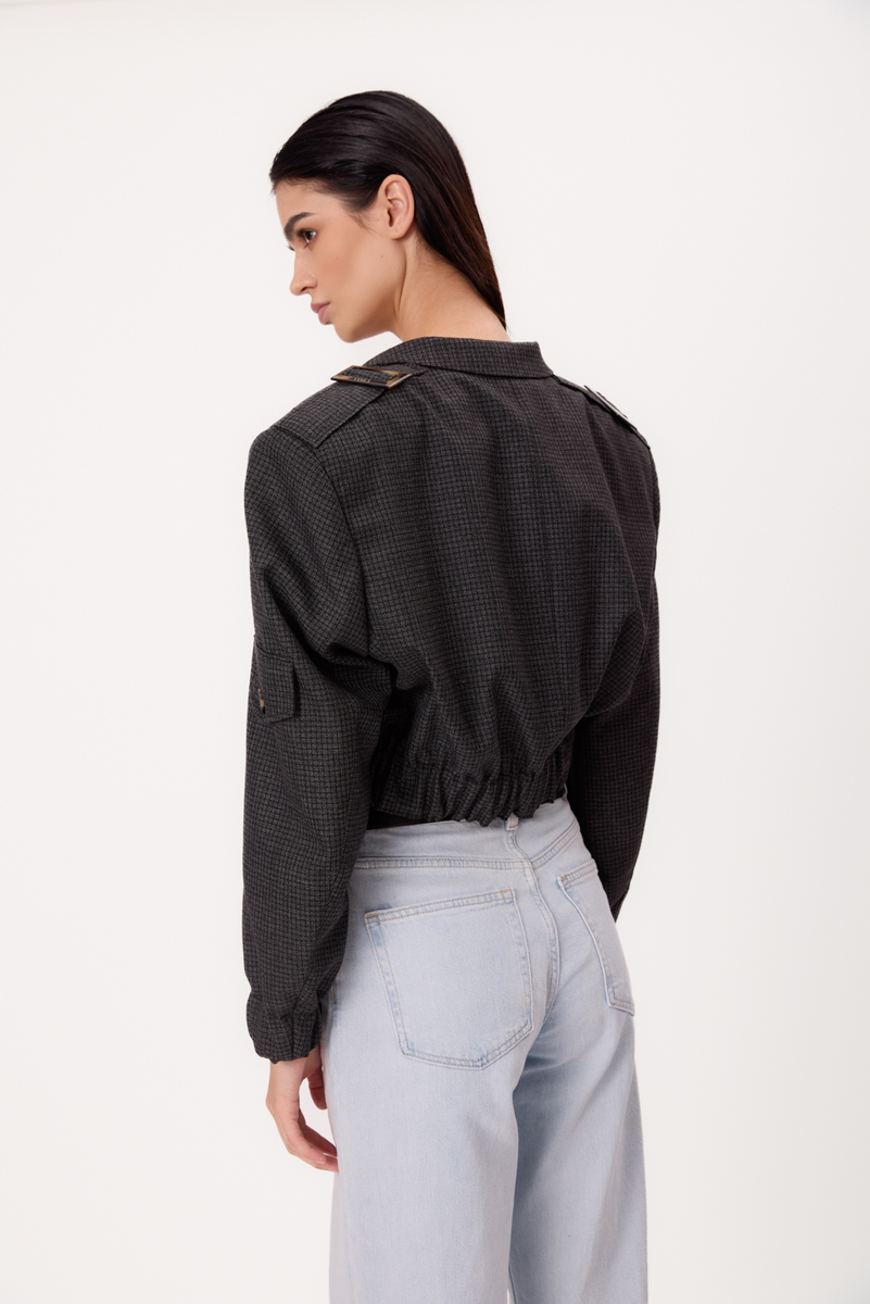 GRAPHITE CHECKED PETITE BOMBER JACKET WITH EPADS