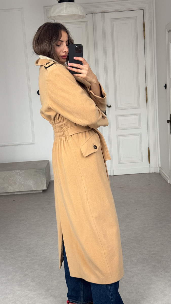 MAXI BEIGE ADJUSTABLE WAIST WOOL COAT