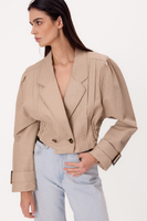 BEIGE ADJUSTABLE WAIST PETITE LEATHER JACKET WITH BUCKLES