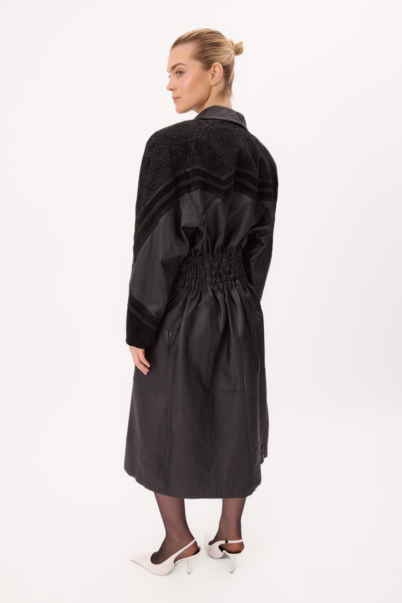 BLACK LEATHER FITTED COAT WITH DECORATIVE VELVET INSERTS