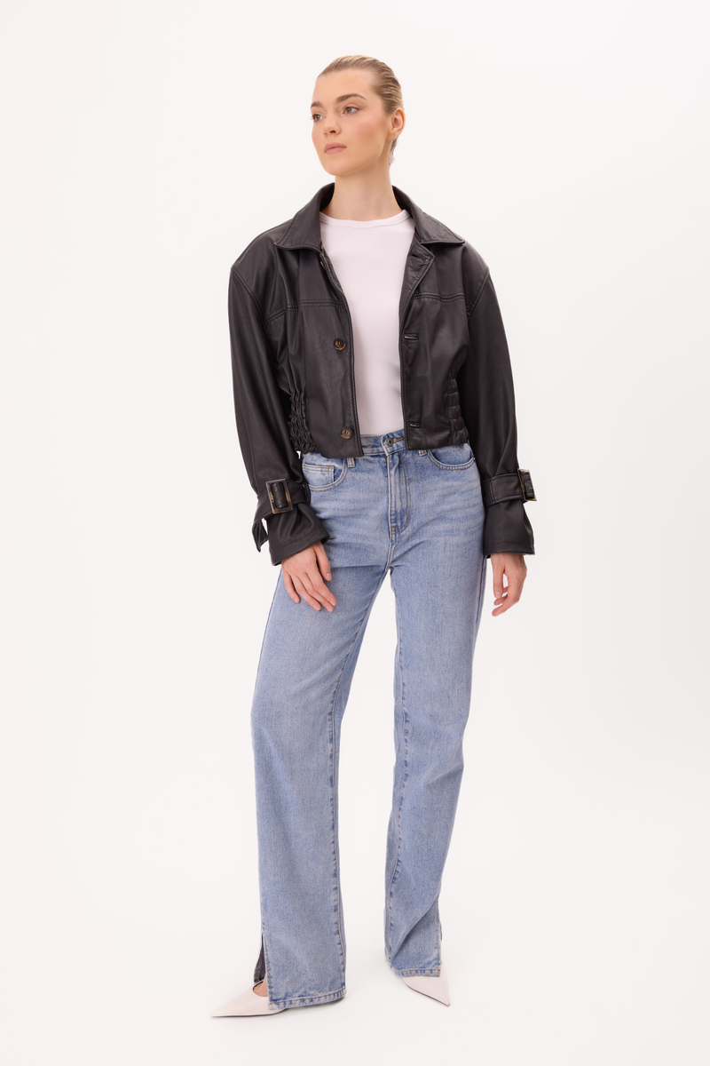 SHORT WAISTED BLACK LEATHER JACKET WITH BUCKLES