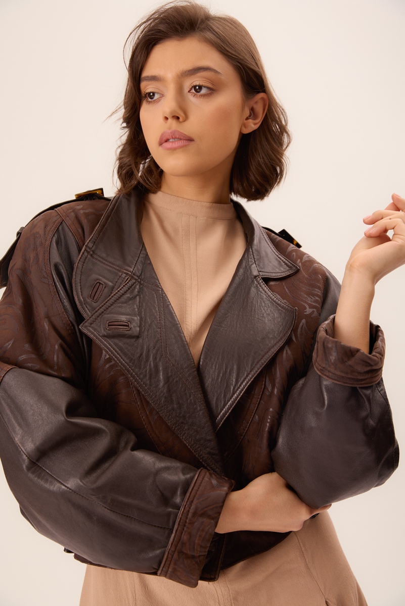 SHORT WAISTED CHOCOLATE EMBELLISHED LEATHER JACKET