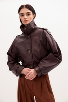 BROWN OVERSIZE LEATHER JACKET WITH HIGH COLLAR