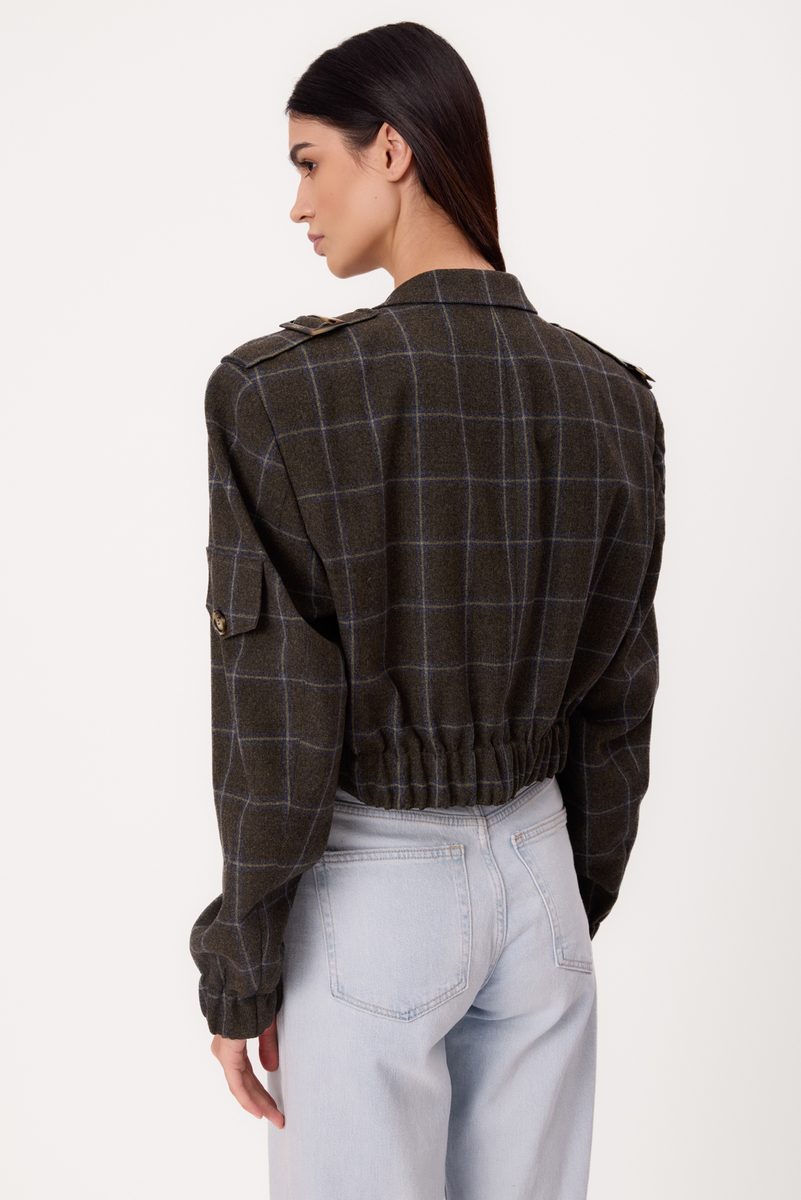 DARK GREEN TALL SHORT BOMBER JACKET WITH BLUE CHECKERED