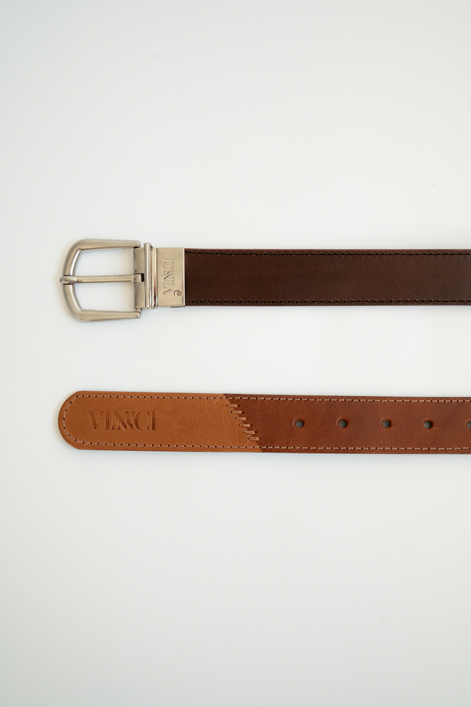 REVERSIBLE LEATHER BELT WITH TURNING BUCKLE – PATCHWORK RED-LIGHT BROWN / CHOCOLATE-BURGUNDY