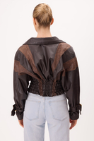 CHOCOLATE LEATHER JACKET WITH BROWN DECORATIVE INSERTS 
