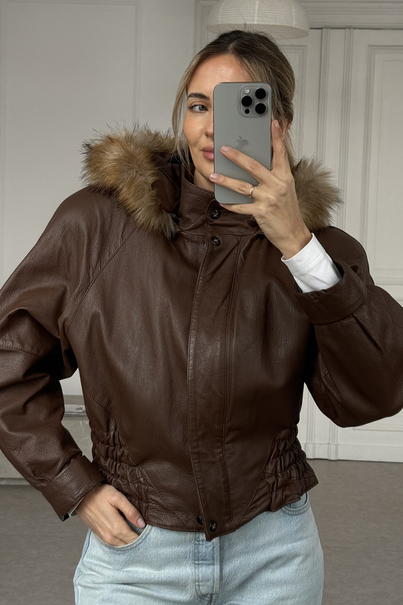  BROWN LEATHER JACKET WITH DETACHABLE FUR COLLAR