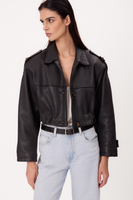 SHORT BLACK ADJUSTABLE WAIST PETITE LEATHER JACKET