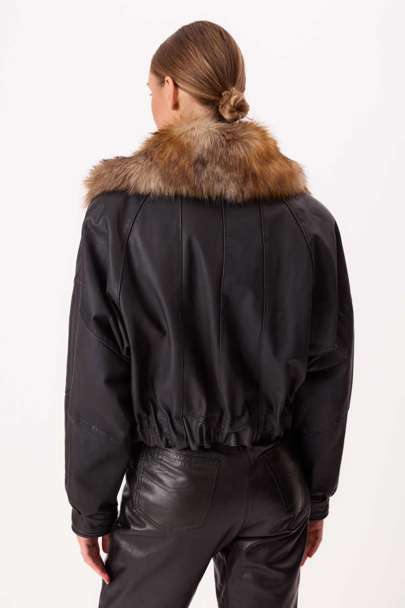 BLACK LEATHER JACKET WITH DETACHABLE FUR COLLAR