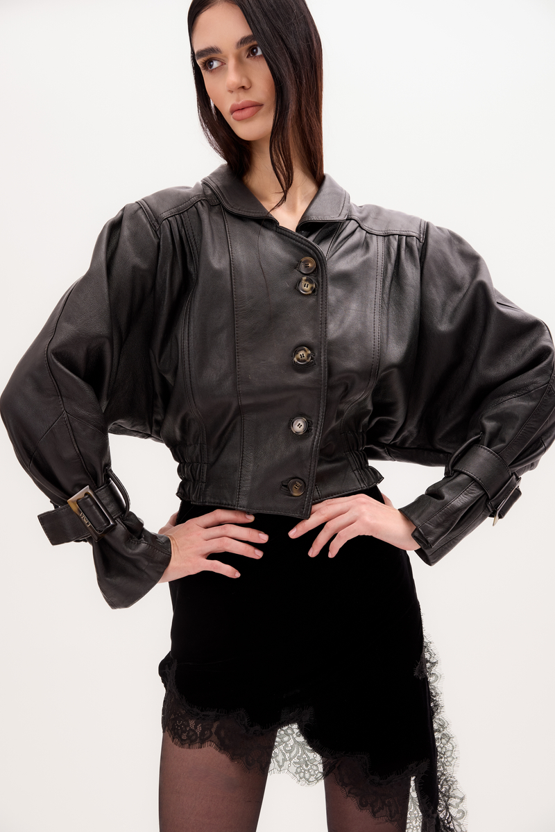 BLACK LEATHER JACKET WITH KIMONO SLEEVES