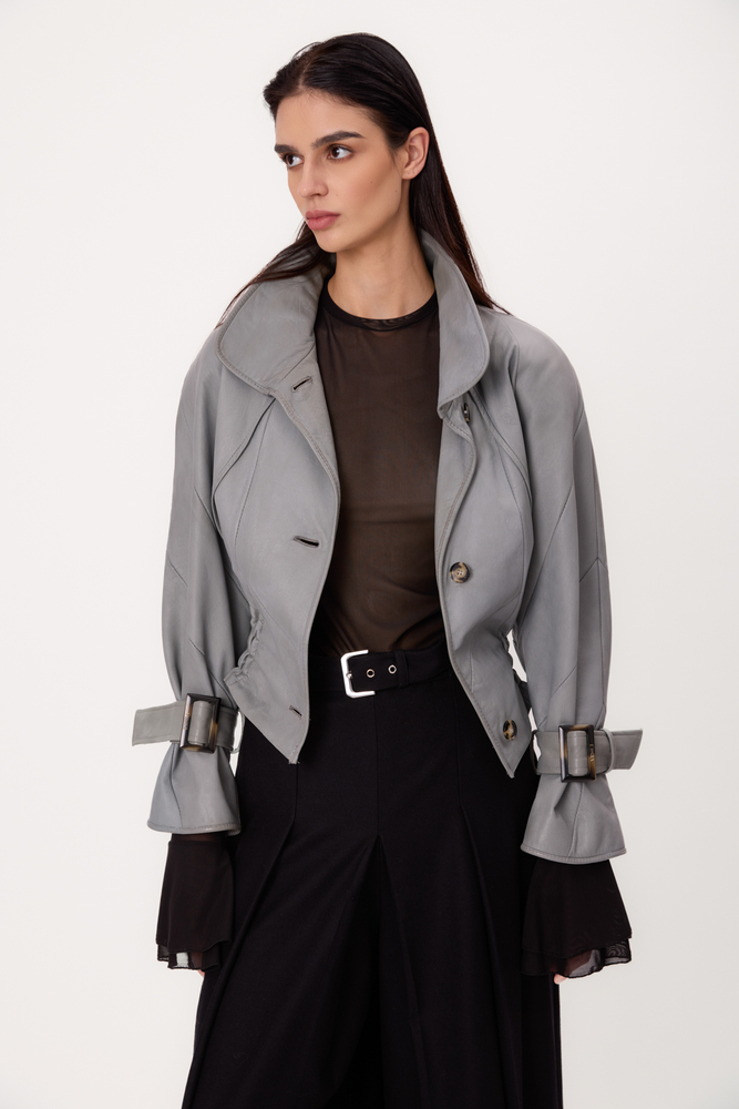 GRAY ADJUSTABLE WAIST PETITE LEATHER JACKET WITH BUCKLES