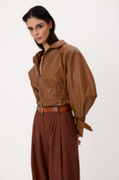 SHORT BROWN ADJUSTABLE WAIST PETITE LEATHER JACKET WITH ZIPPER AND BUCKLES
