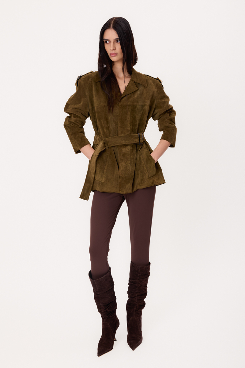 LONG GREEN SUEDE LEATHER JACKET WITH ADJUSTABLE WAIST AND BELT
