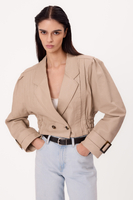 BEIGE ADJUSTABLE WAIST PETITE LEATHER JACKET WITH BUCKLES