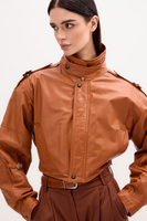 RED LEATHER BOMBER JACKET WITH HIGH COLLAR