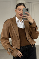 CAMEL LEATHER JACKET WITH DECORATIVE STITCHING